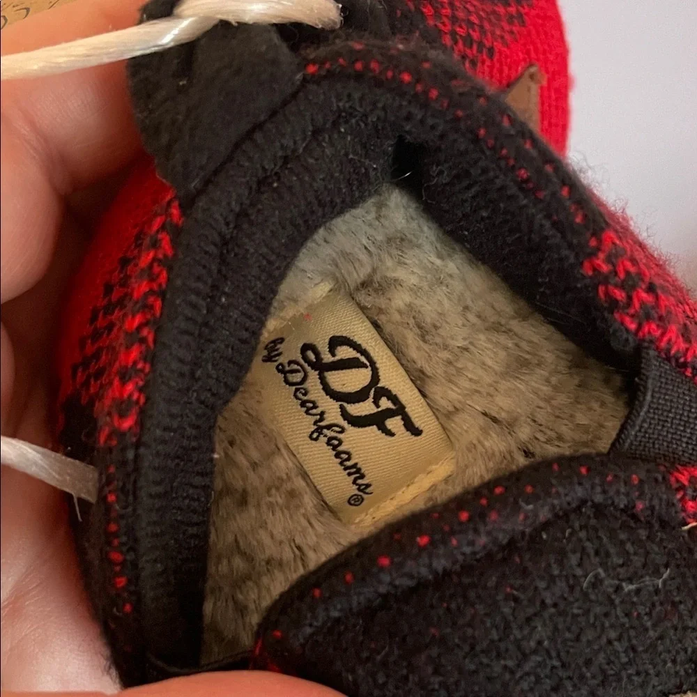 Dearfoams Memory Foam Red Black Buffalo Check Baby Bear Limited Edition Slippers